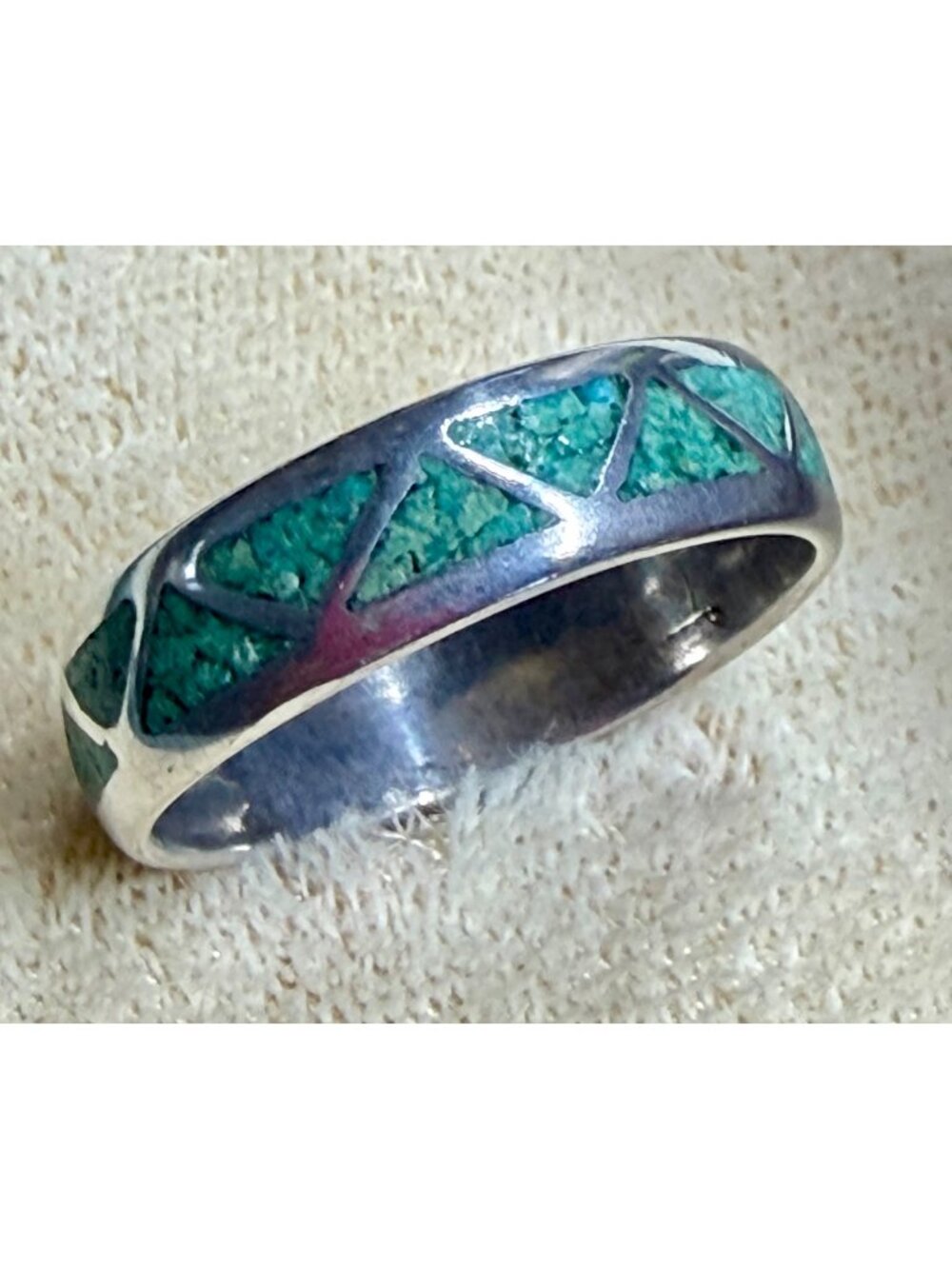 Band Ring Sterling Silver Green Stone Chip Inlay Southwestern Size 9